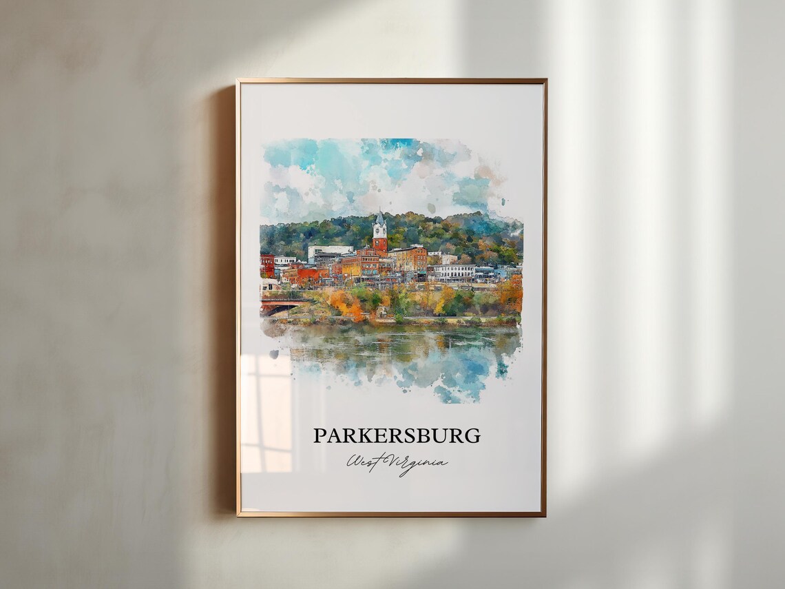 Parkersburg West Virginia Watercolor Riverside Town Clock Tower Poster - Image 3