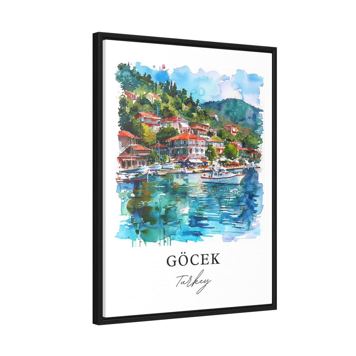Gocek Turkey Watercolor Harbor Boats Hillside Village Poster - Image 2