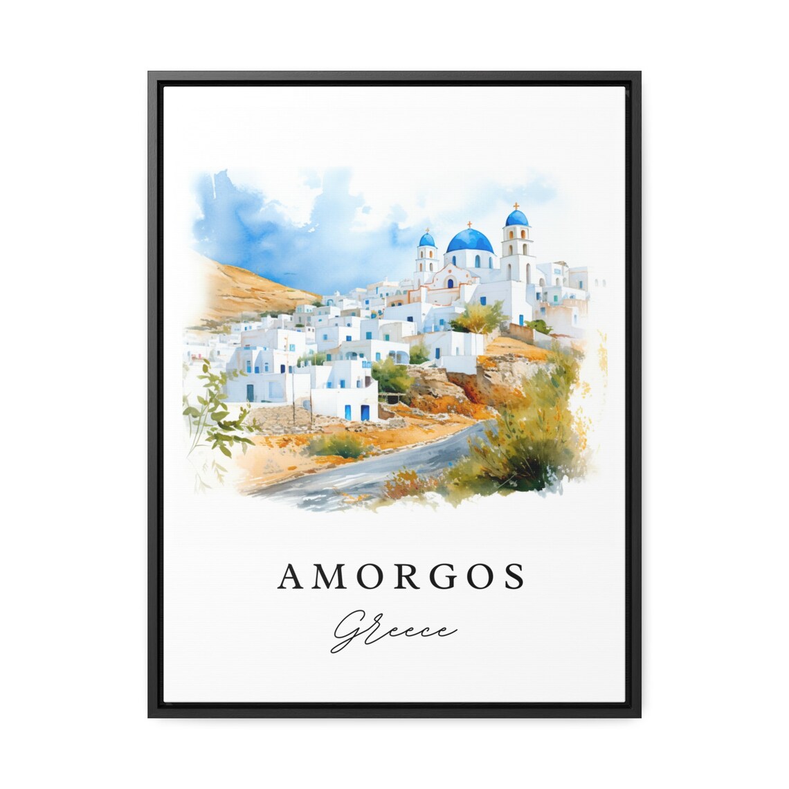 Amorgos Greece Blue Domed Island Church Watercolor Travel Poster - Image 2
