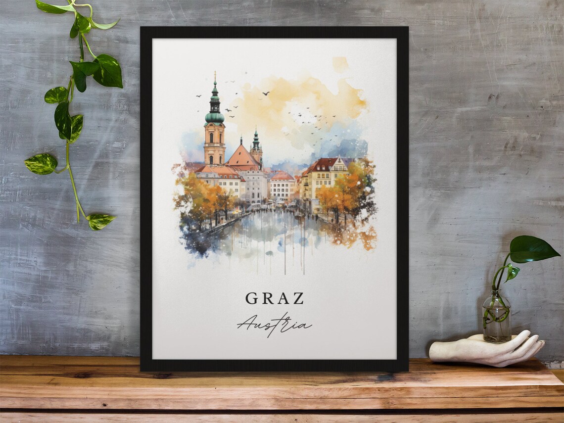 Graz Austria Autumn River Old Town Churches Watercolor Travel Poster - Image 3