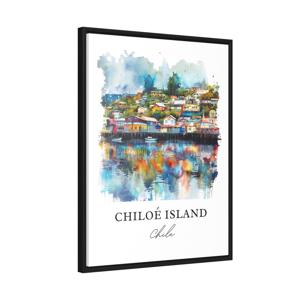 Chiloe Island Chile Colorful Palafitos Watercolor Travel Poster - Image 2