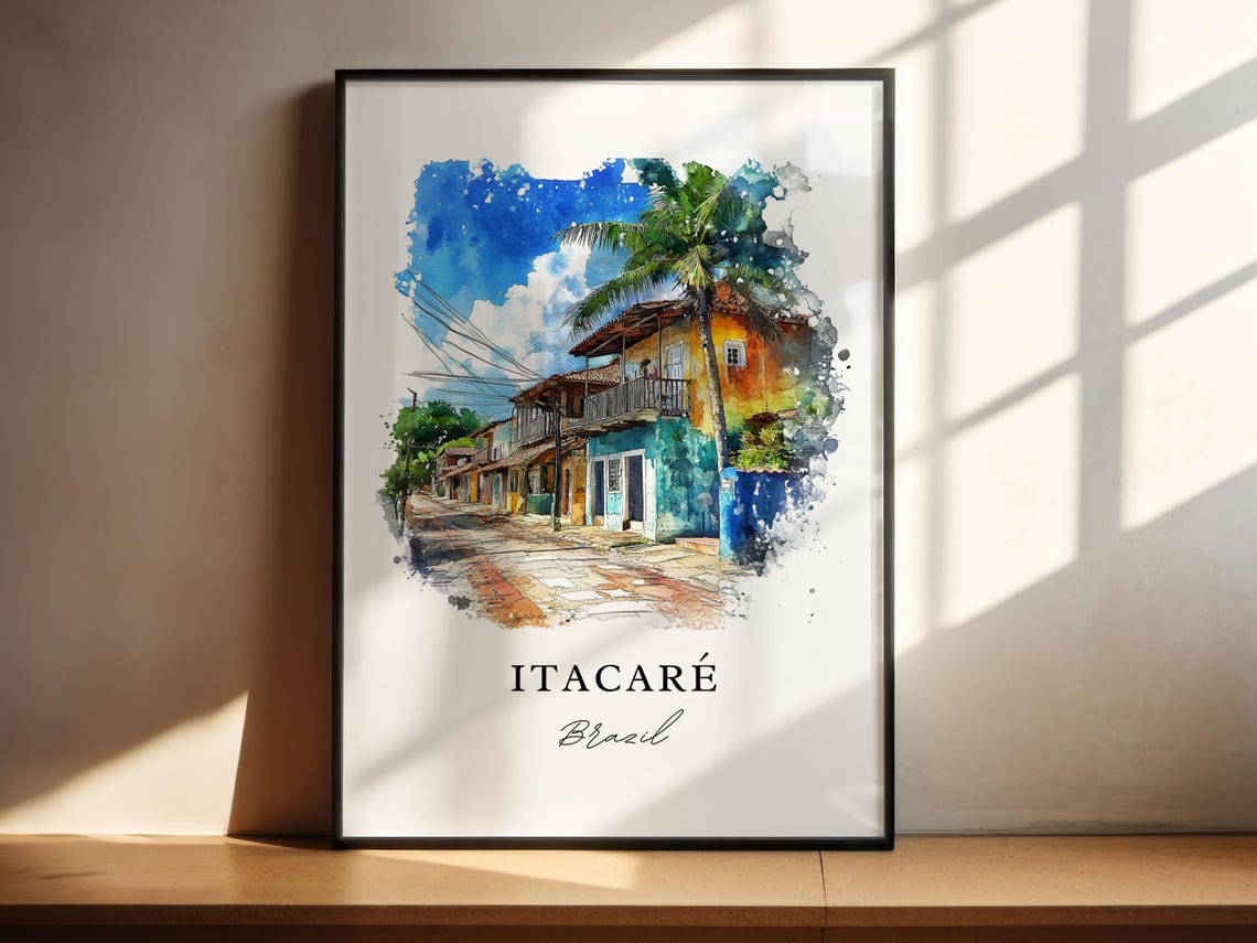 Itacare Brazil Watercolor Colorful Colonial Street Palm Poster - Image 4
