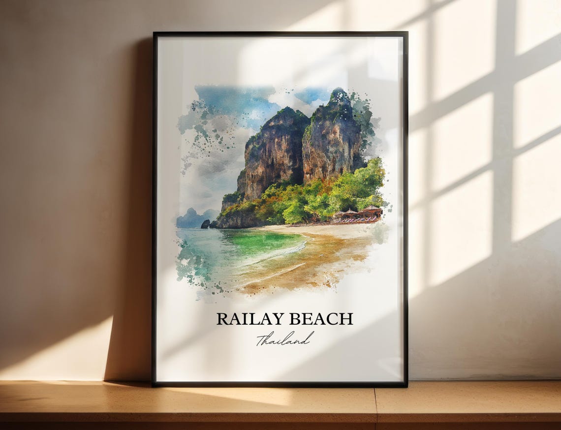 Railay Beach Thailand Watercolor Limestone Cliffs Bay Art Poster