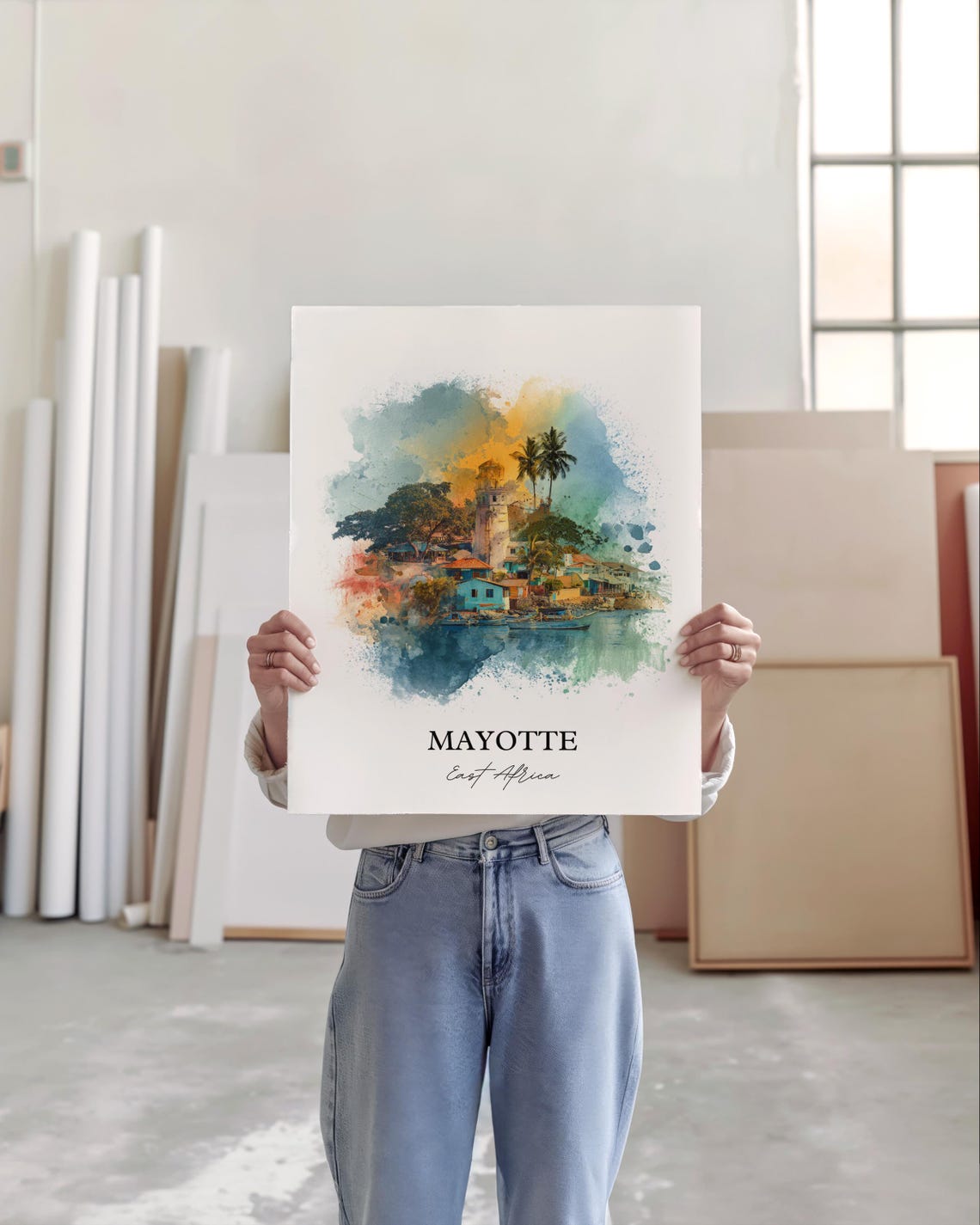 Mayotte East Africa Harbor Village Lighthouse Watercolor Poster - Image 5