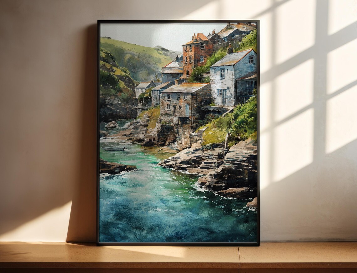 Old Stone Harbor Village Watercolor Rocky Coast Fishing Town Poster