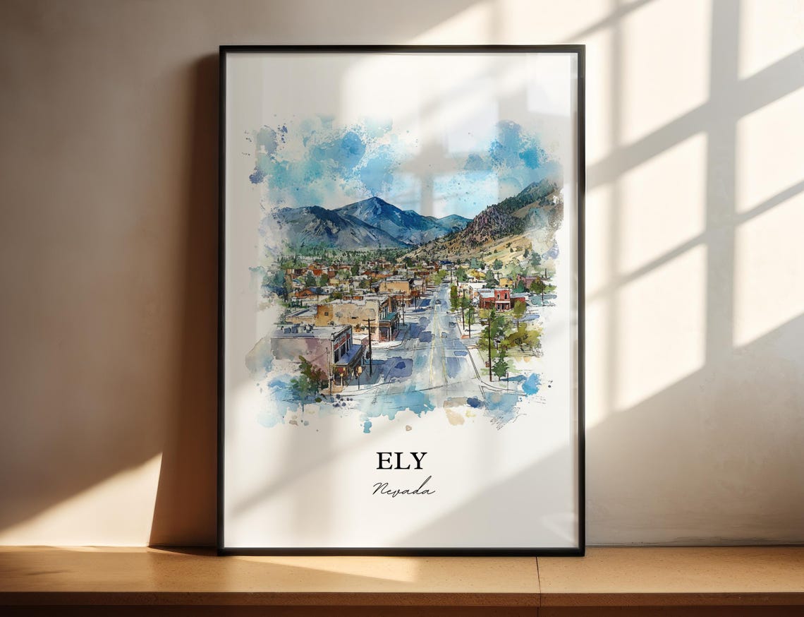 Ely Nevada Historic Mountain Town Main Street Watercolor Travel Poster