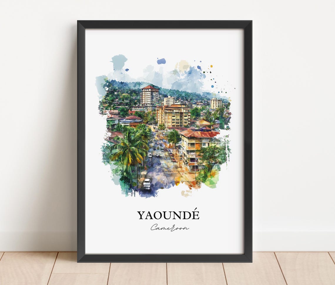 Yaounde Cameroon African Watercolor City Street Palms Poster - Image 5