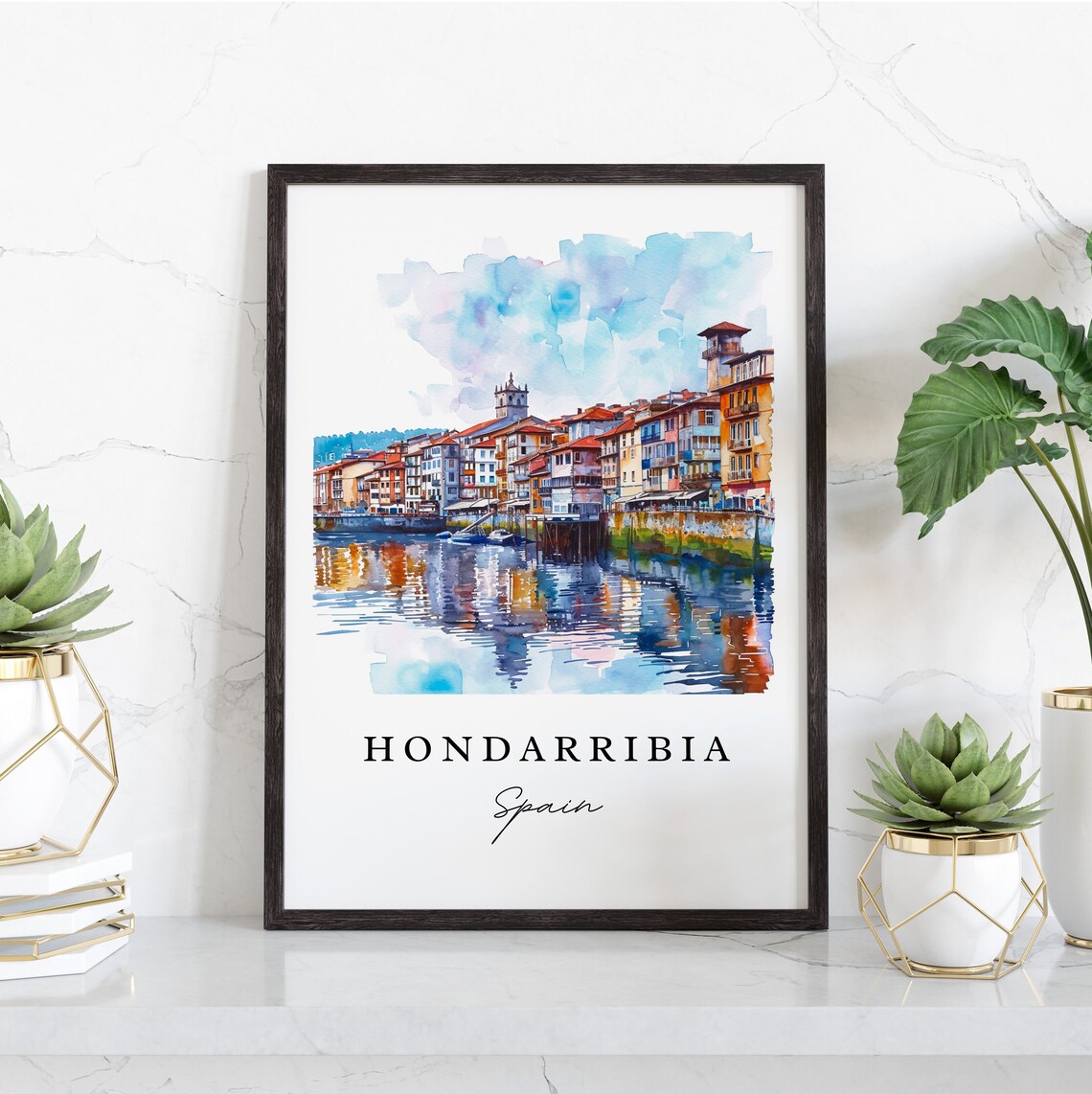 Hondarribia Spain Riverside Old Town Watercolor Travel Poster - Image 3