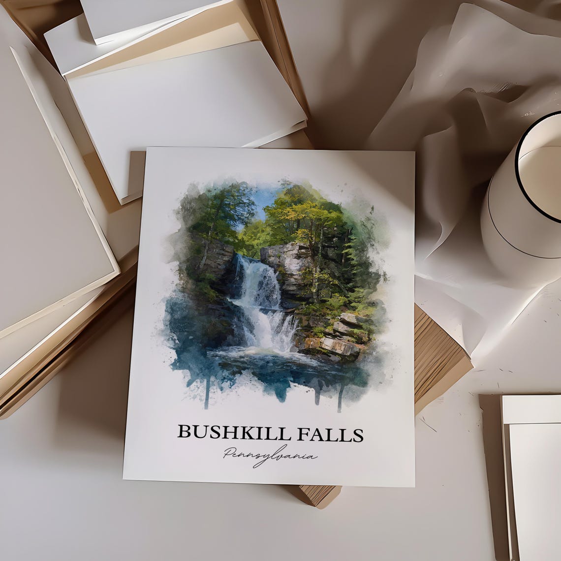 Bushkill Falls Pennsylvania Poconos Waterfall Watercolor Travel Poster - Image 3