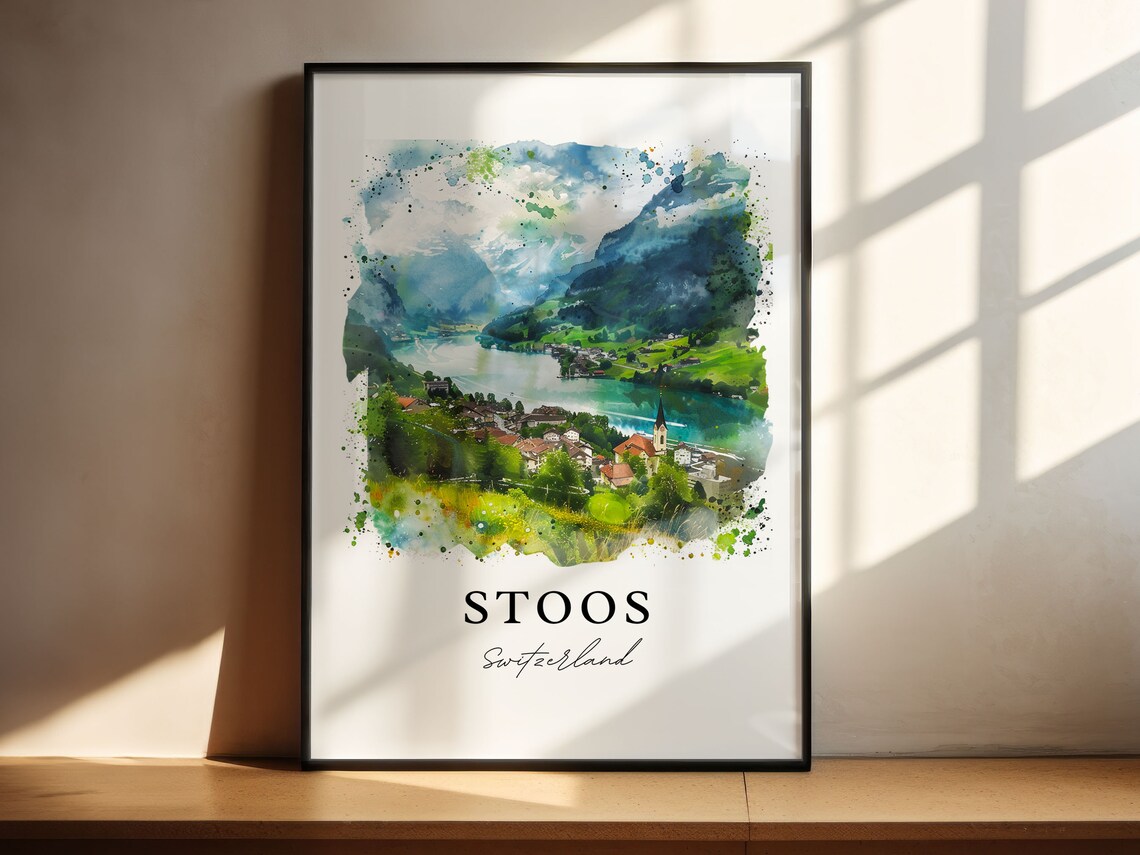 Stoos Switzerland Alpine Lake Village Watercolor Mountain Poster - Image 4