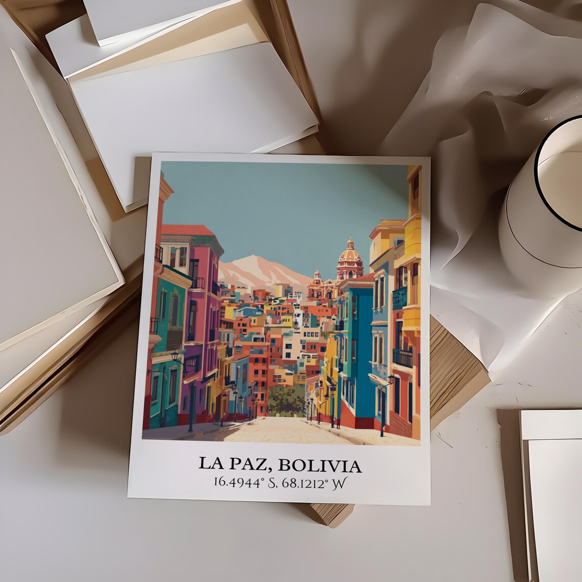 La Paz Bolivia Steep Colorful Street Cathedral Retro Travel Poster - Image 3