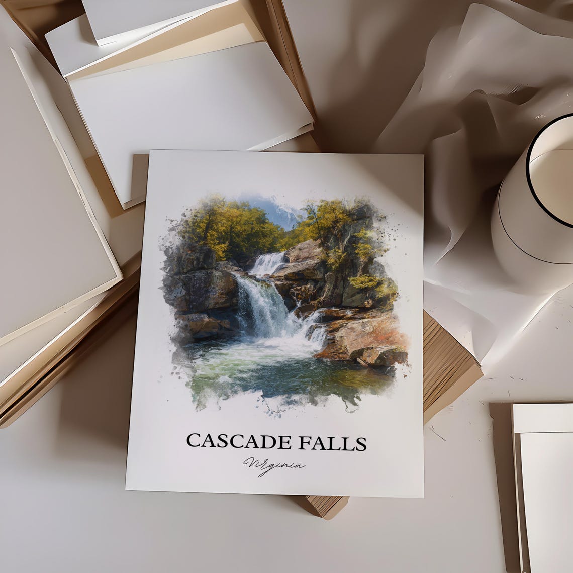 Cascade Falls Virginia Multi Tier Rock Pool Watercolor Poster - Image 2