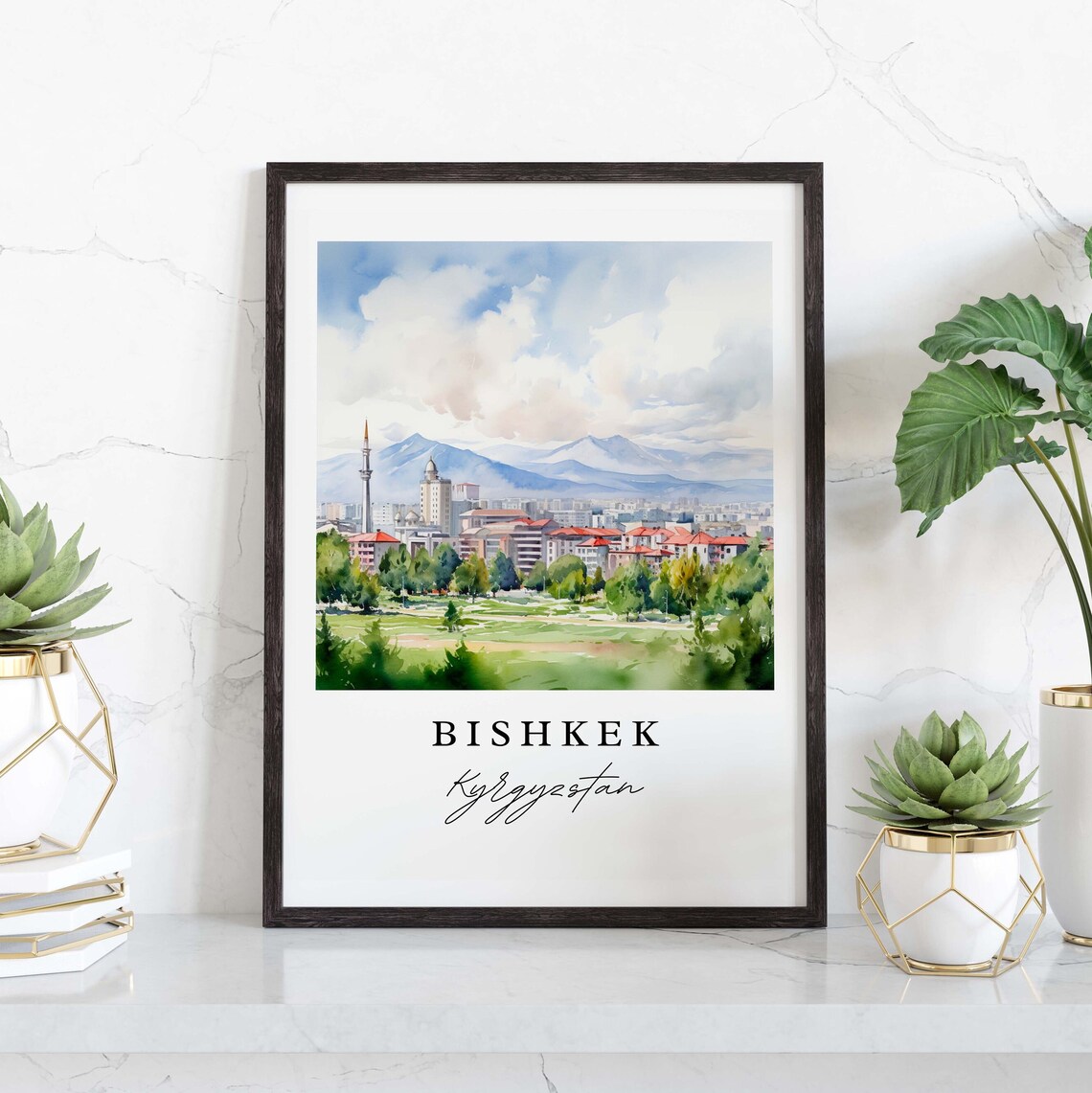 Bishkek Kyrgyzstan Watercolor City Mountains Minaret Art Poster - Image 3