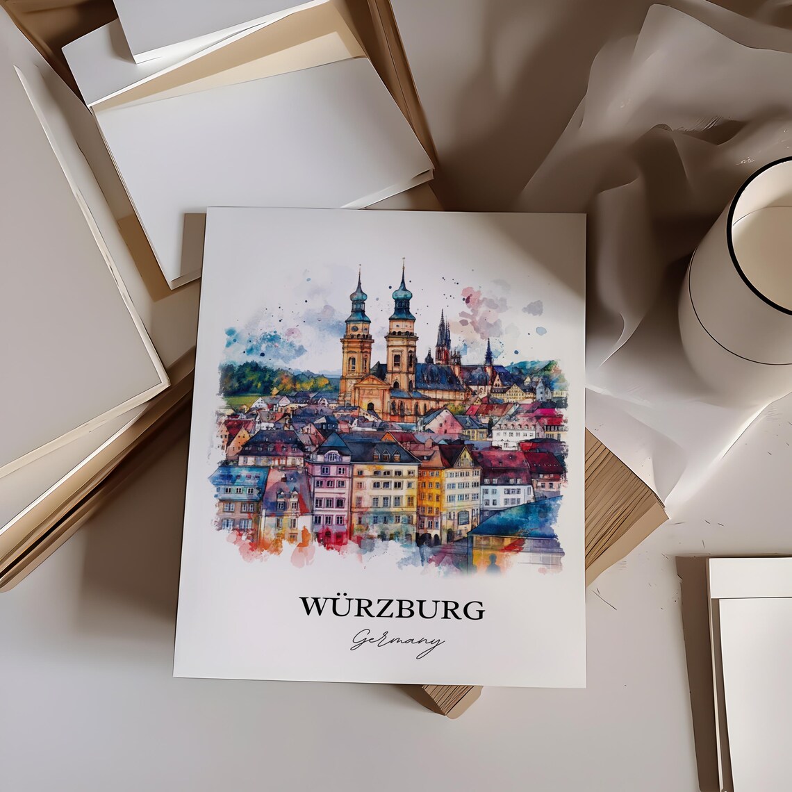 Wurzburg Germany Colorful Cathedral Skyline Watercolor Poster - Image 5