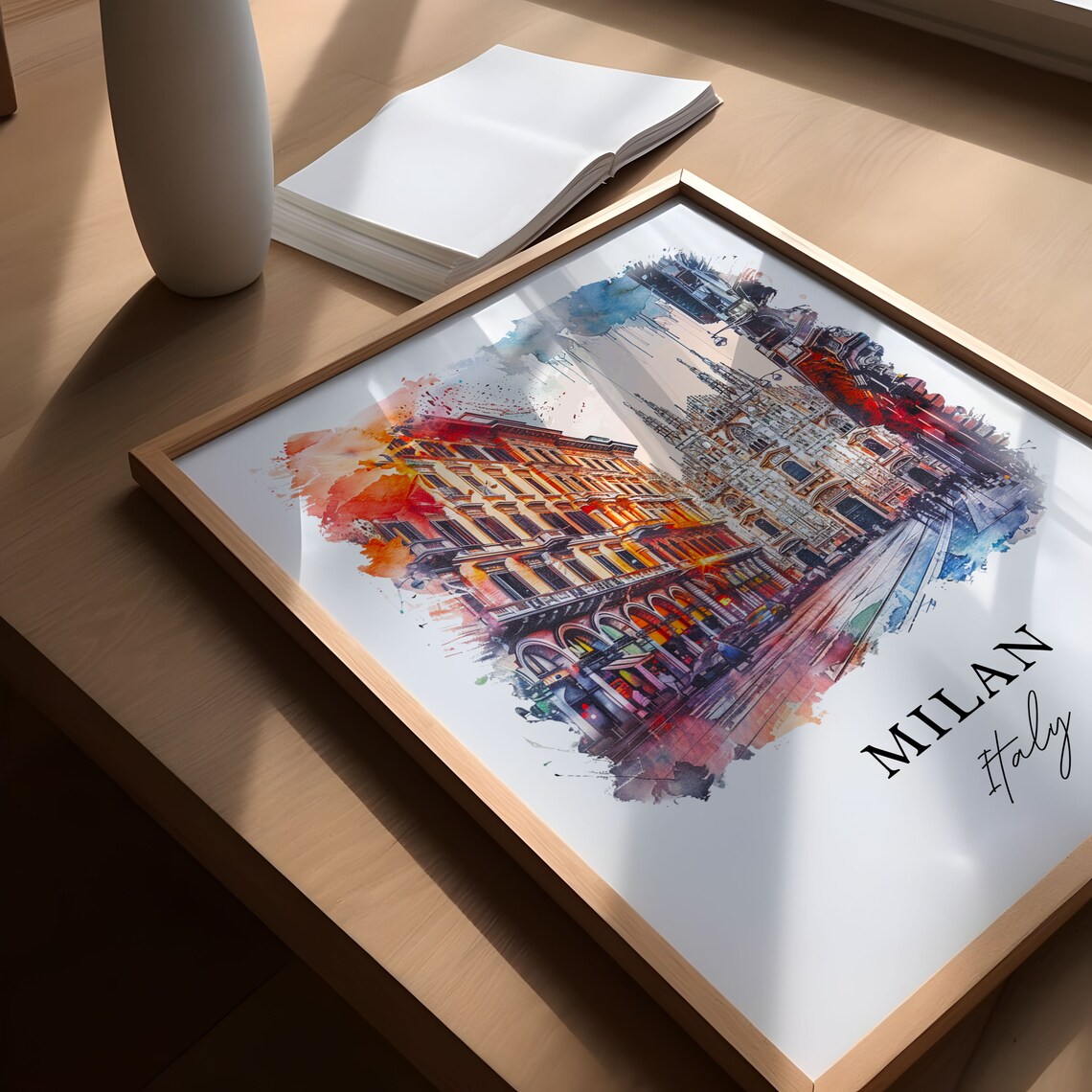 Milan Italy Duomo Cathedral Street Scene Watercolor Travel Poster - Image 5