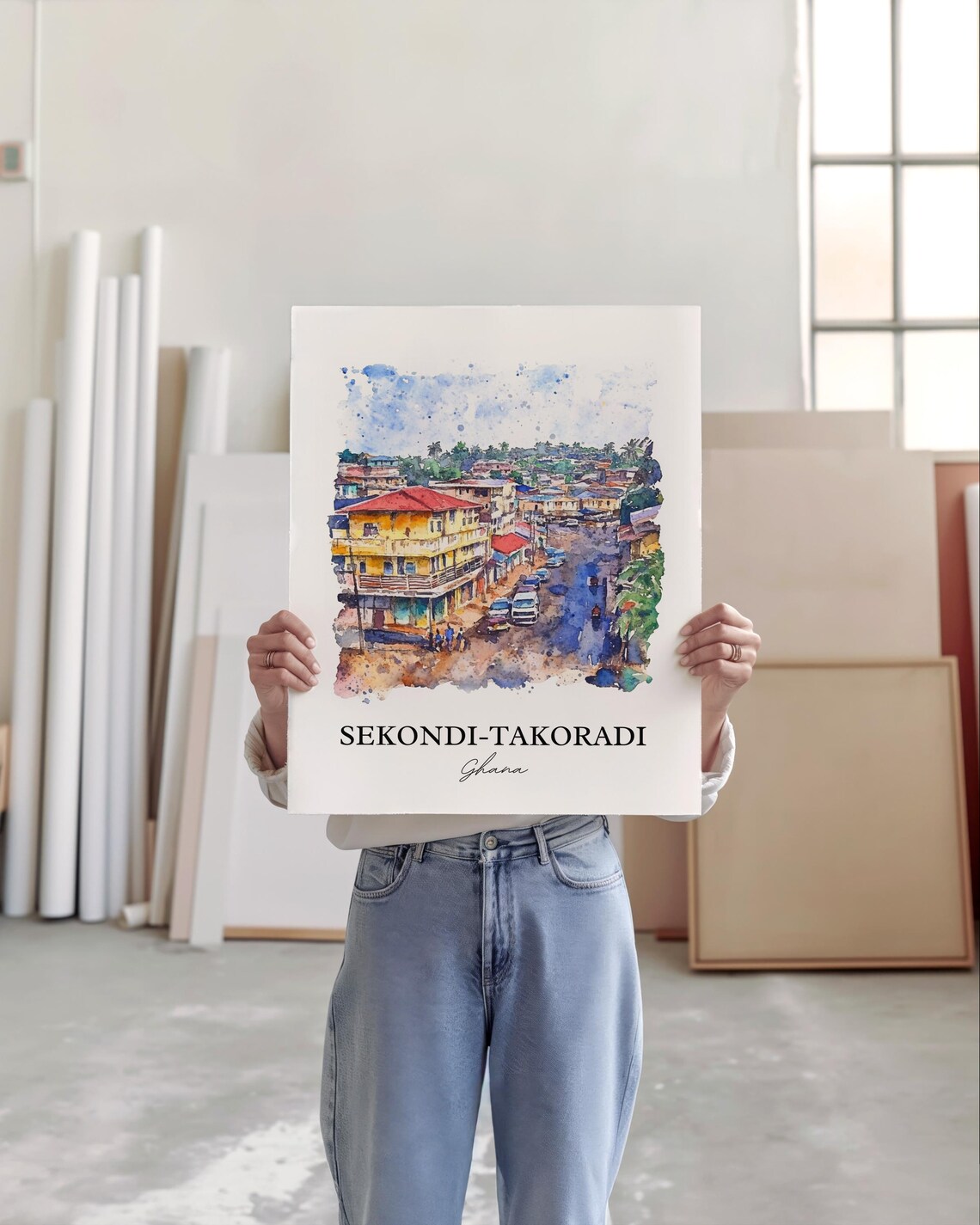 Sekondi-Takoradi Ghana Bustling Street Market Watercolor Poster - Image 3