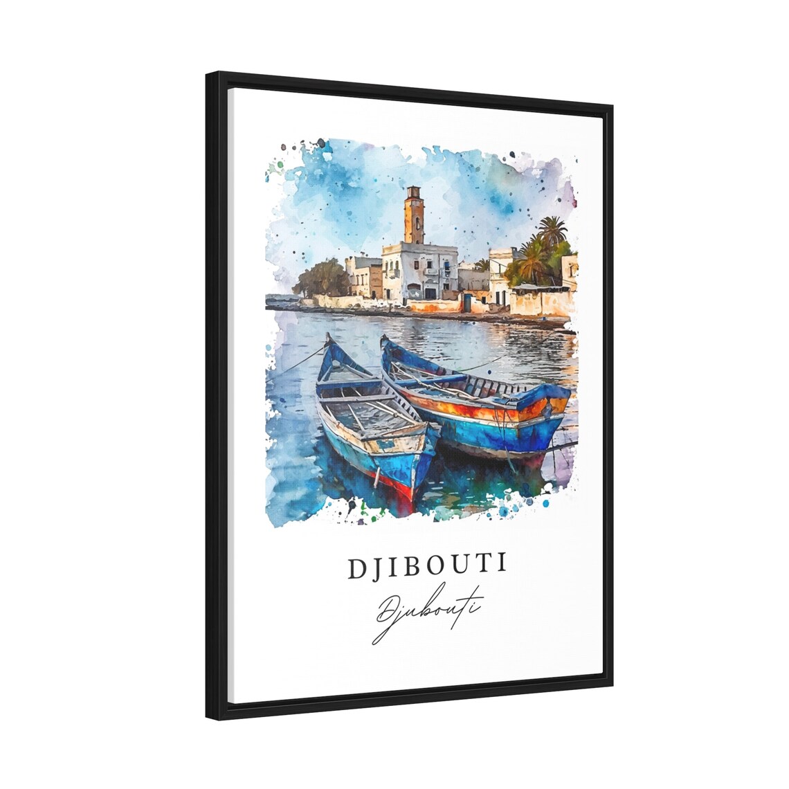 Djibouti Watercolor Harbor Boats Coastal Town Lighthouse Art Poster - Image 2
