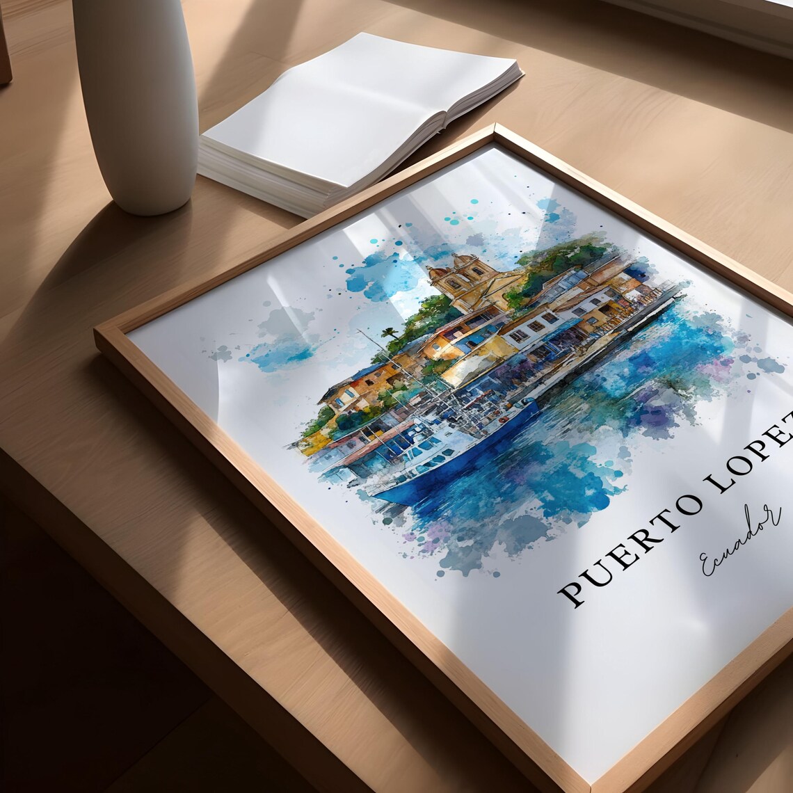 Puerto Lopez Ecuador Watercolor Fishing Harbor Boats Scene Poster - Image 5