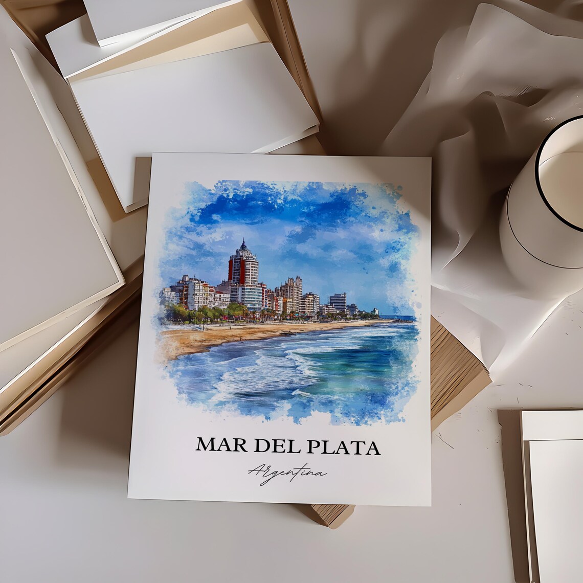 Mar Del Plata Argentina Watercolor Beach Towers Surf Waves Poster - Image 2