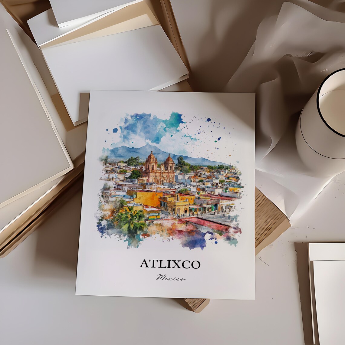 Atlixco Mexico Grand Volcano Church City Watercolor Travel Poster - Image 3