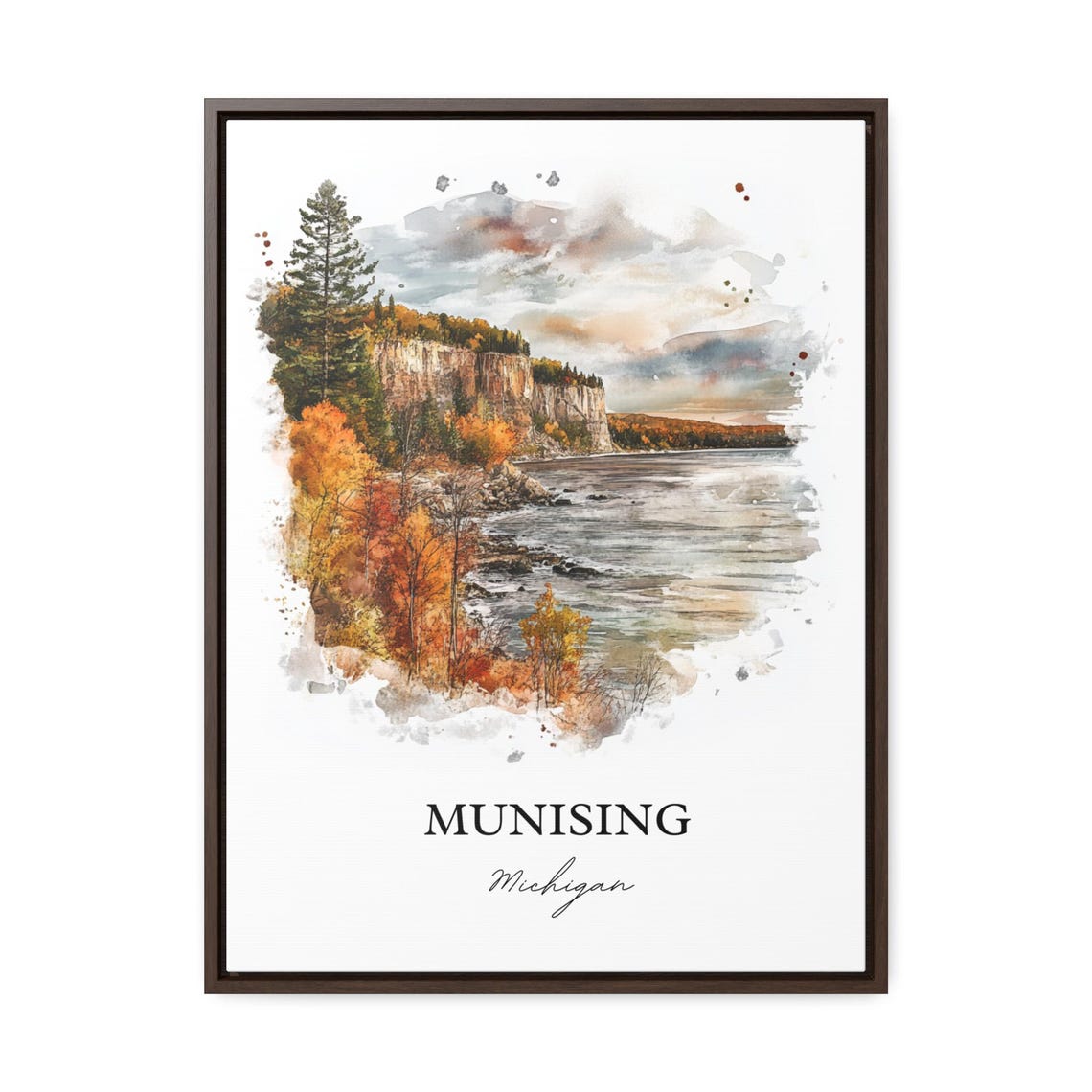 Munising Michigan Watercolor Fall Cliffs Lakeshore Art Poster - Image 2