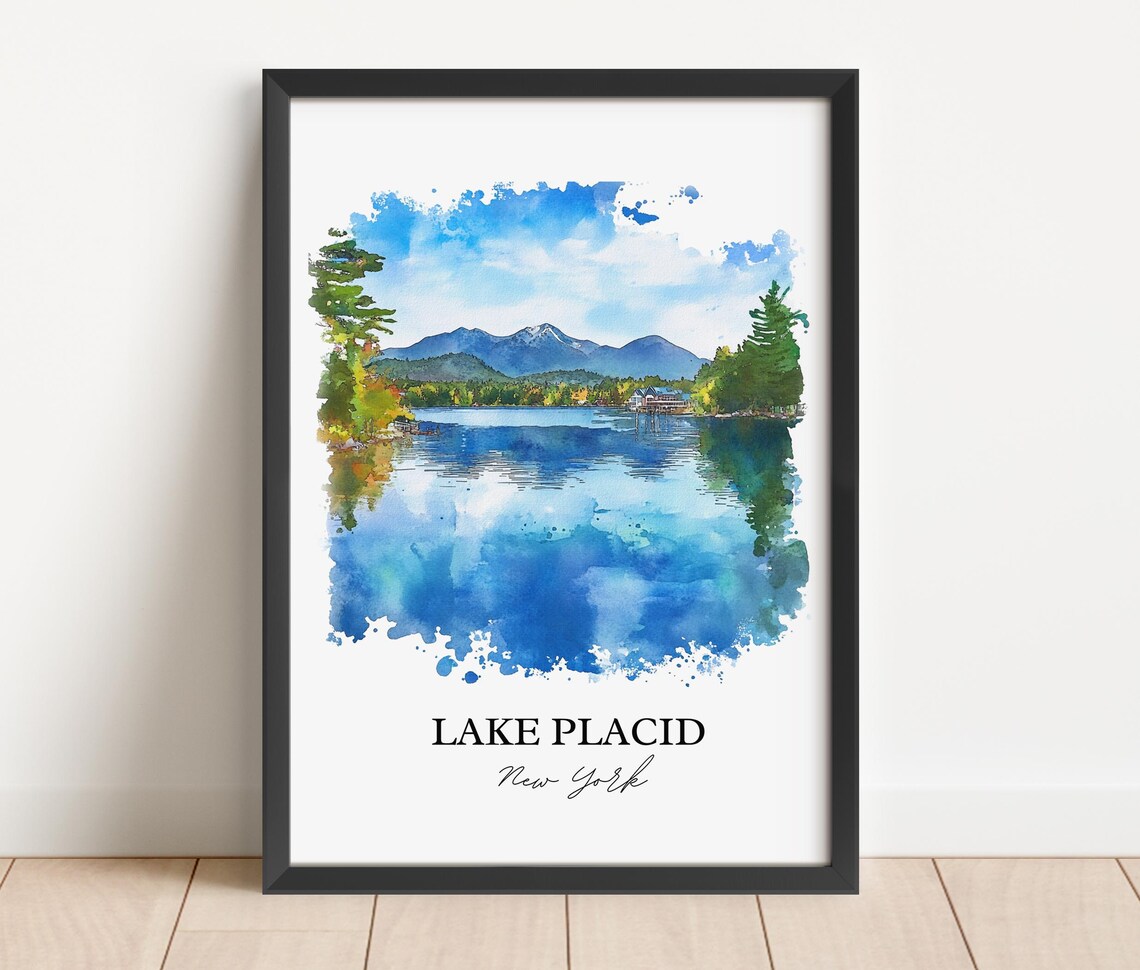 Lake Placid New York Mountain Lake Watercolor Travel Gift Poster - Image 3