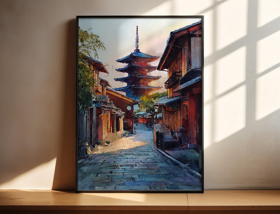 Kyoto Japan Watercolor Travel Poster, Streets Decor