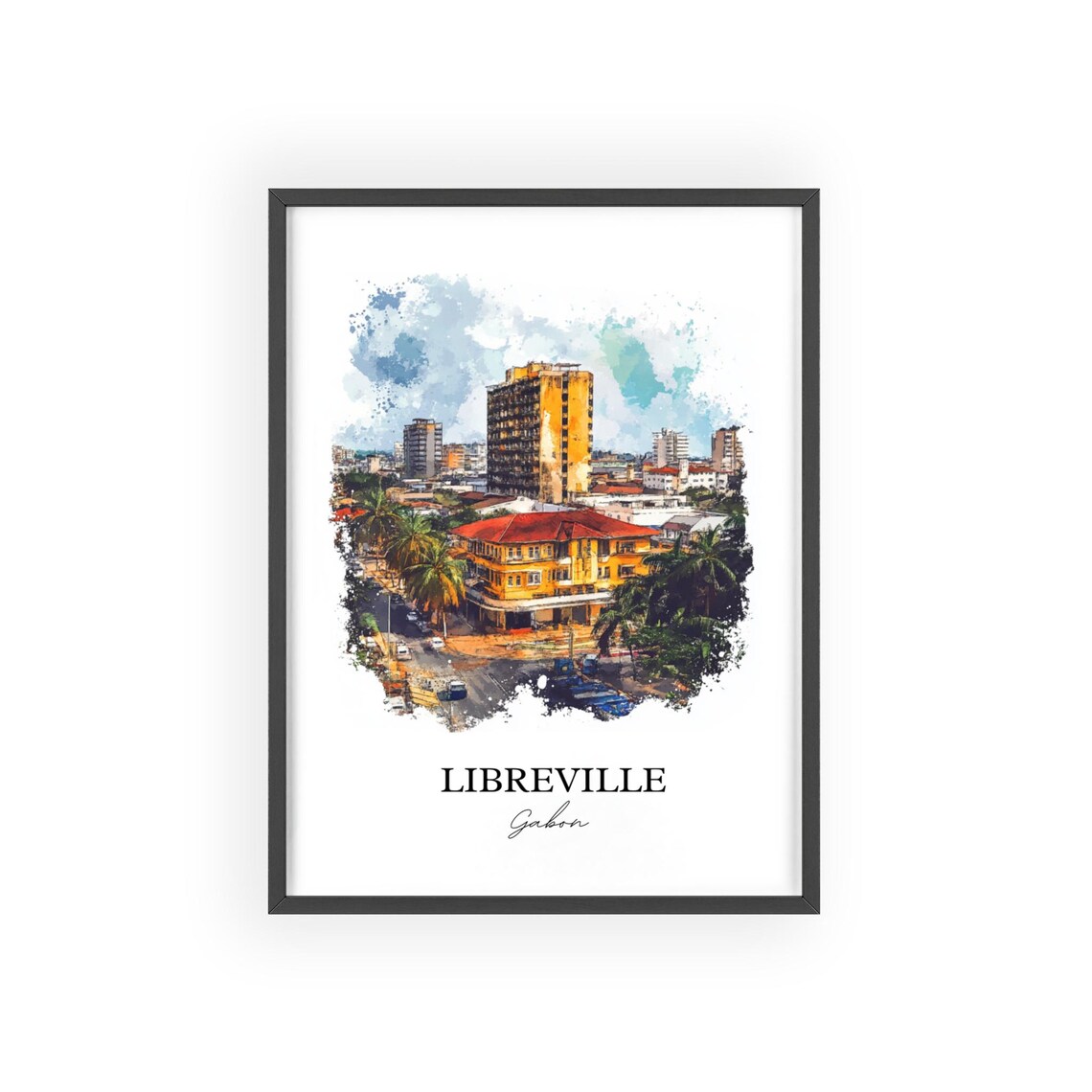 Libreville Gabon City Street Palm Trees Watercolor Art Poster - Image 2