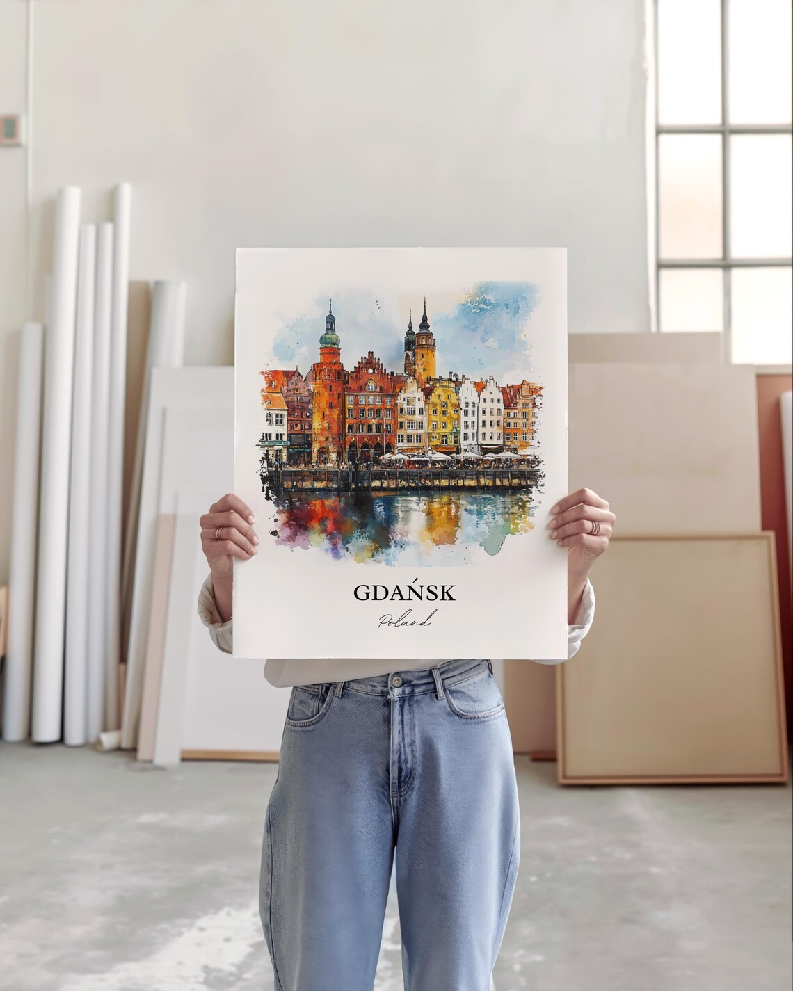 Gdansk Poland Watercolor Colorful Waterfront Houses Travel Poster - Image 5