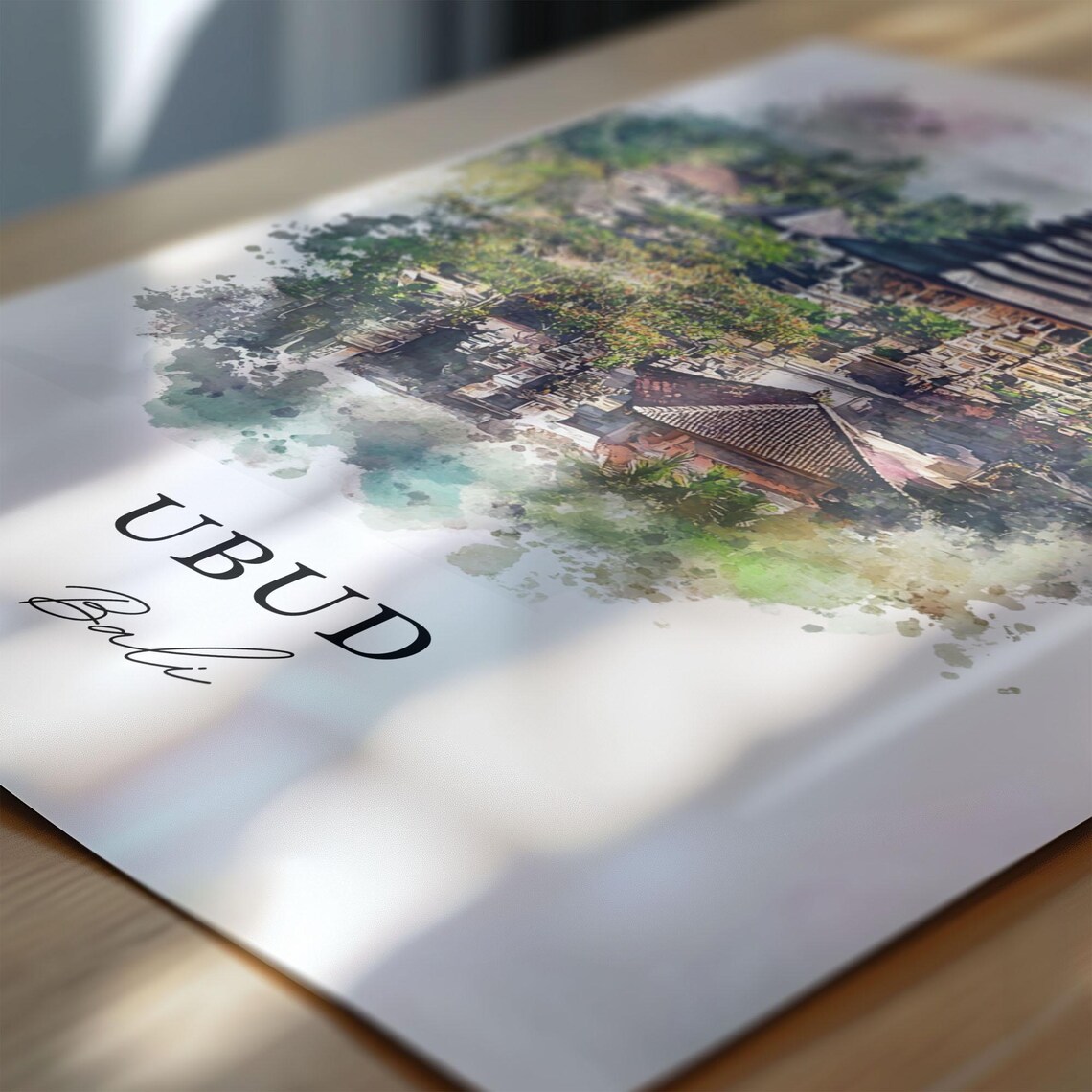 Ubud Bali Temple Tiered Tower Tropical Jungle Watercolor Travel Poster - Image 3