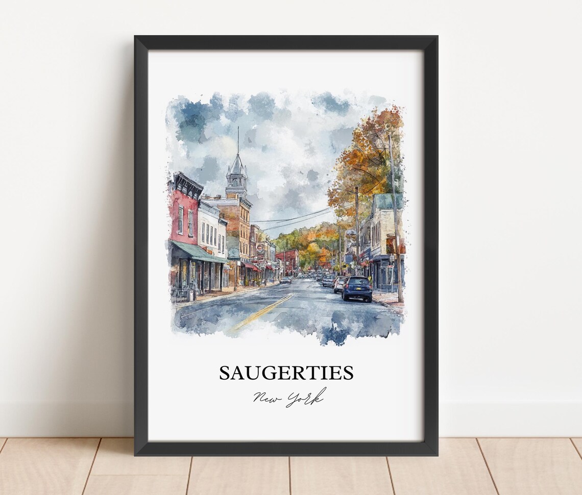 Saugerties New York Autumn Main Street Clock Tower Watercolor Poster - Image 5