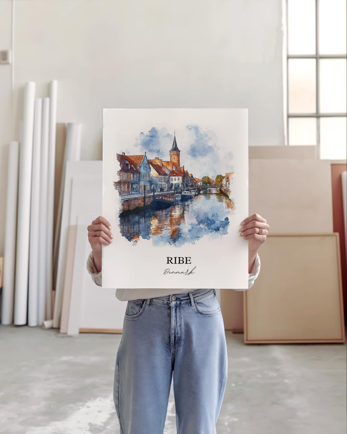 Ribe Denmark Old Town Canal and Church Tower Watercolor Poster - Image 5