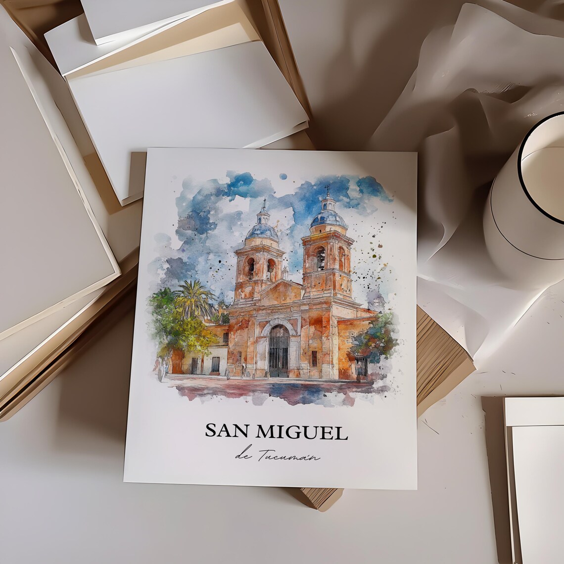 San Miguel de Tucuman Watercolor Church Domed Towers Scene Poster - Image 2