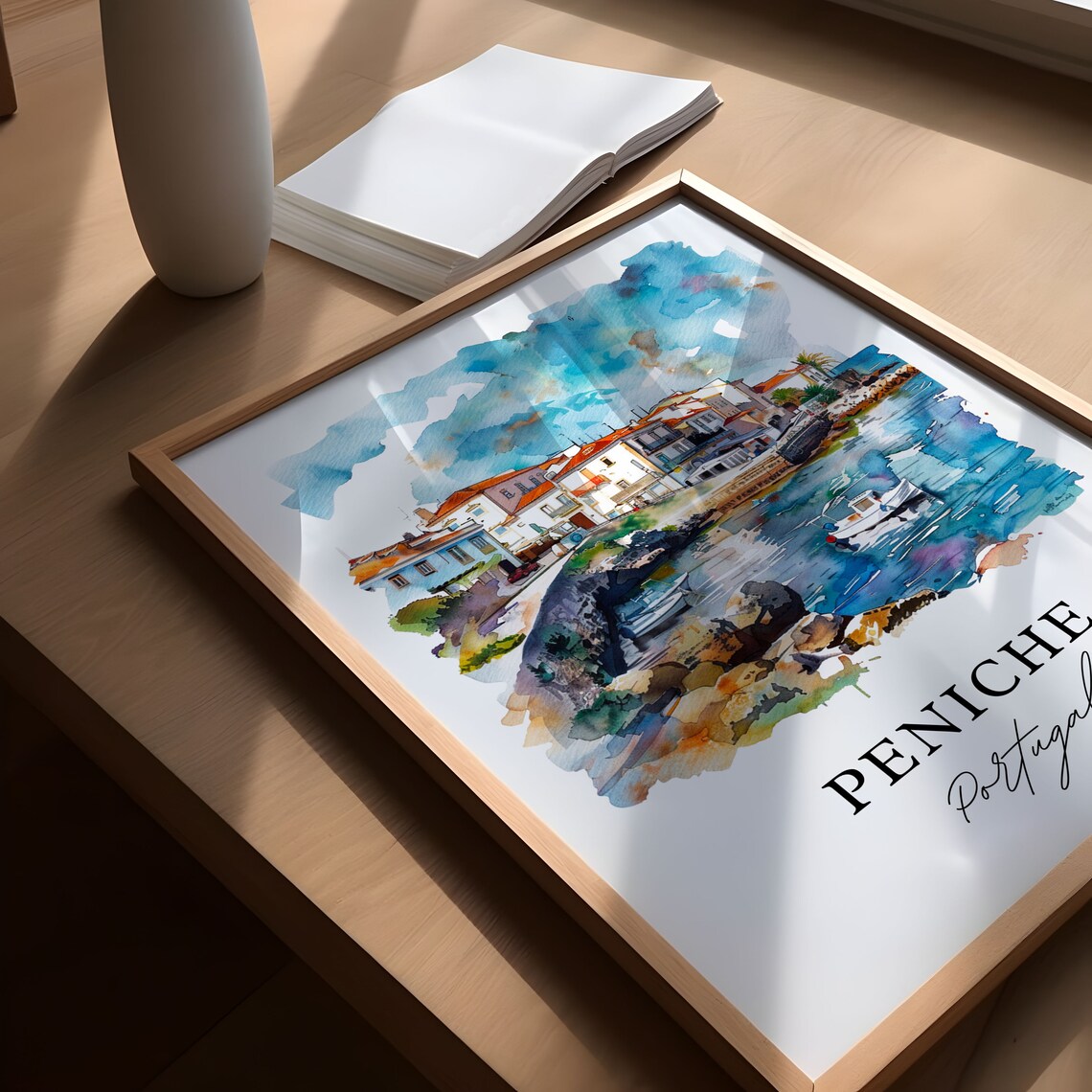 Peniche Portugal Fishing Harbor Town Watercolor Travel Poster - Image 6