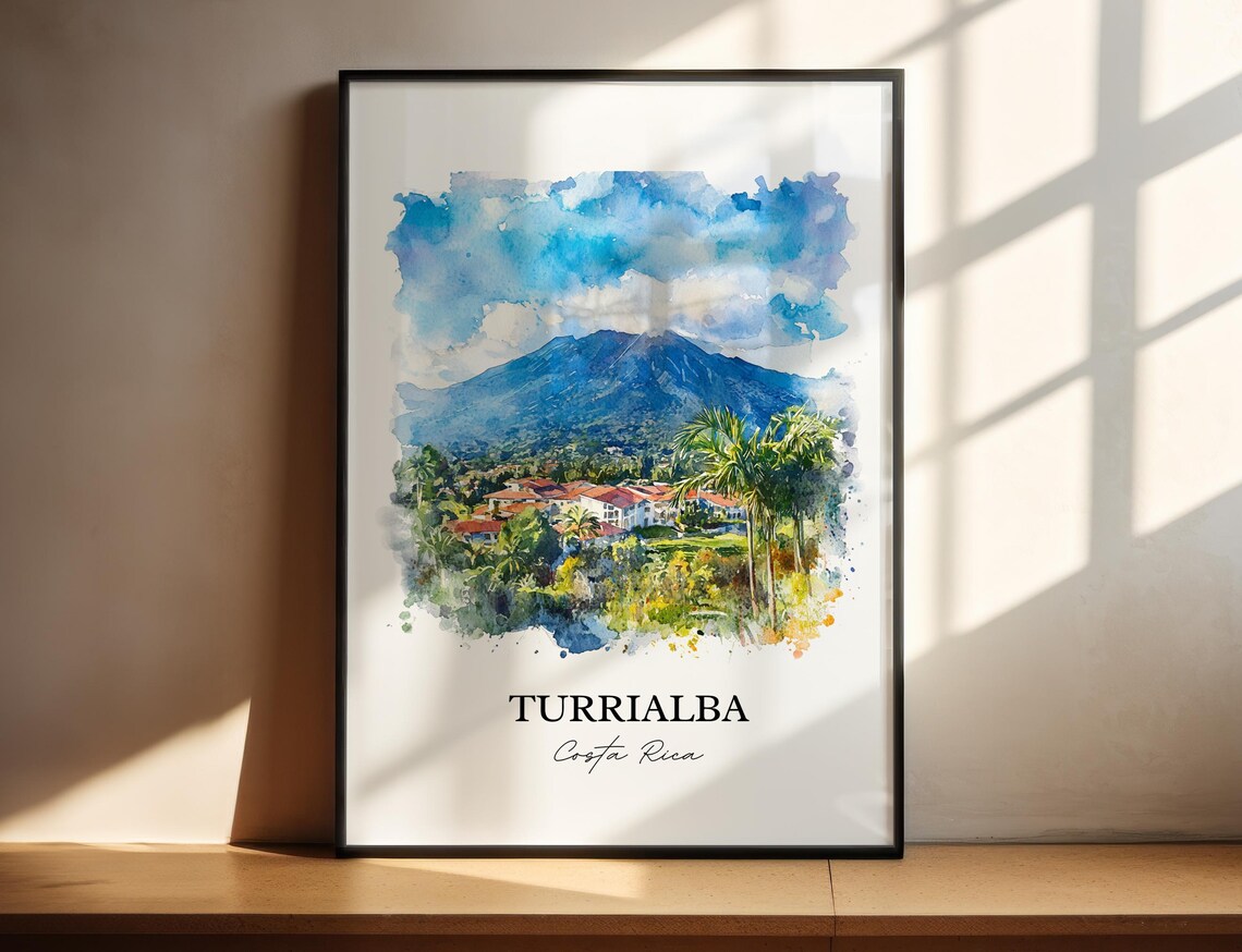 Turrialba Costa Rica Grand Volcano Palms Watercolor Travel Poster