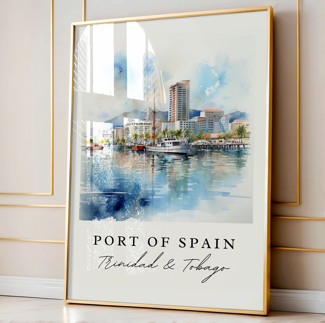 Port Of Spain Trinidad Watercolor Harbor Boats Skyline Poster - Image 3