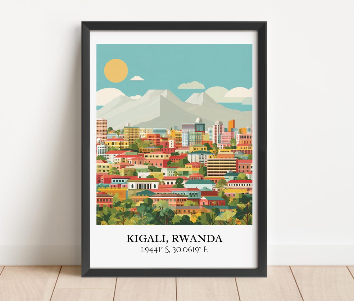 Kigali Rwanda Hillside City Skyline Sunrise Retro Travel Poster - Image 3