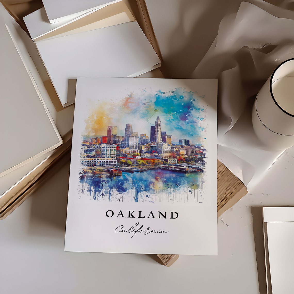 Oakland California Downtown Skyline Waterfront Watercolor Poster - Image 6