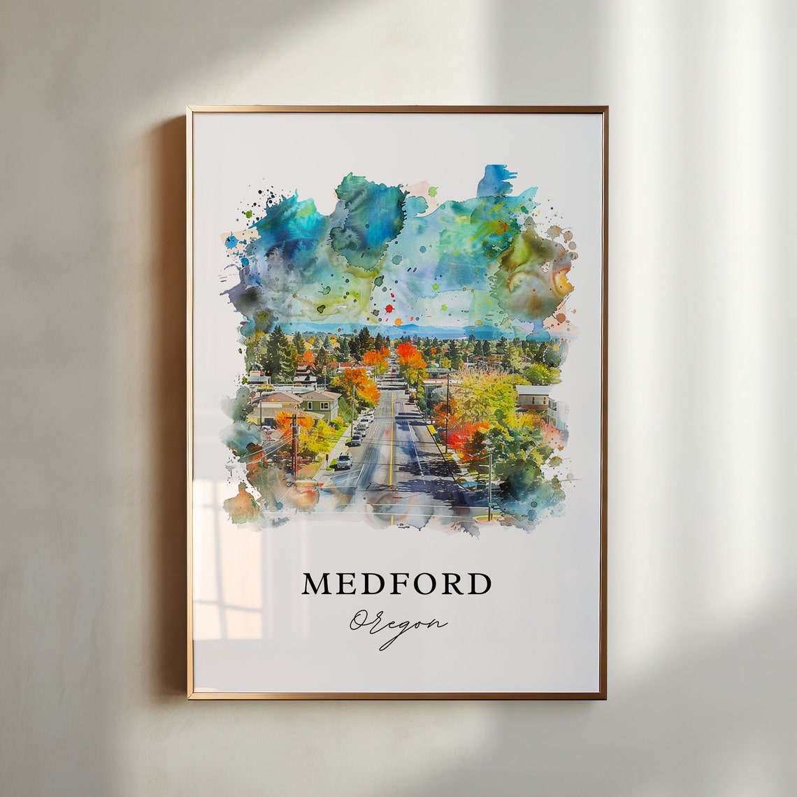 Medford Oregon Fall Colors Watercolor Tree Lined Street Travel Poster
