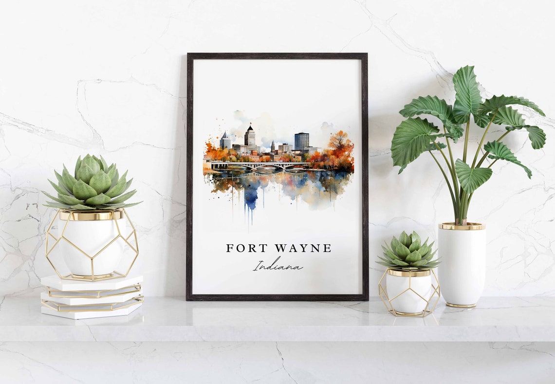 Fort Wayne Indiana Skyline River Bridge Watercolor City Art Poster