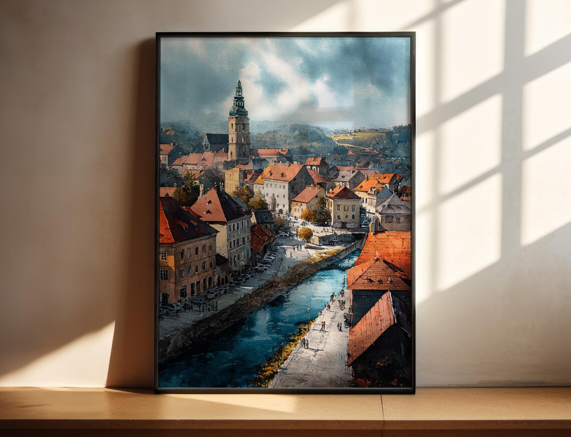 Cesky Krumlov Watercolor Travel Poster, Europe Decor