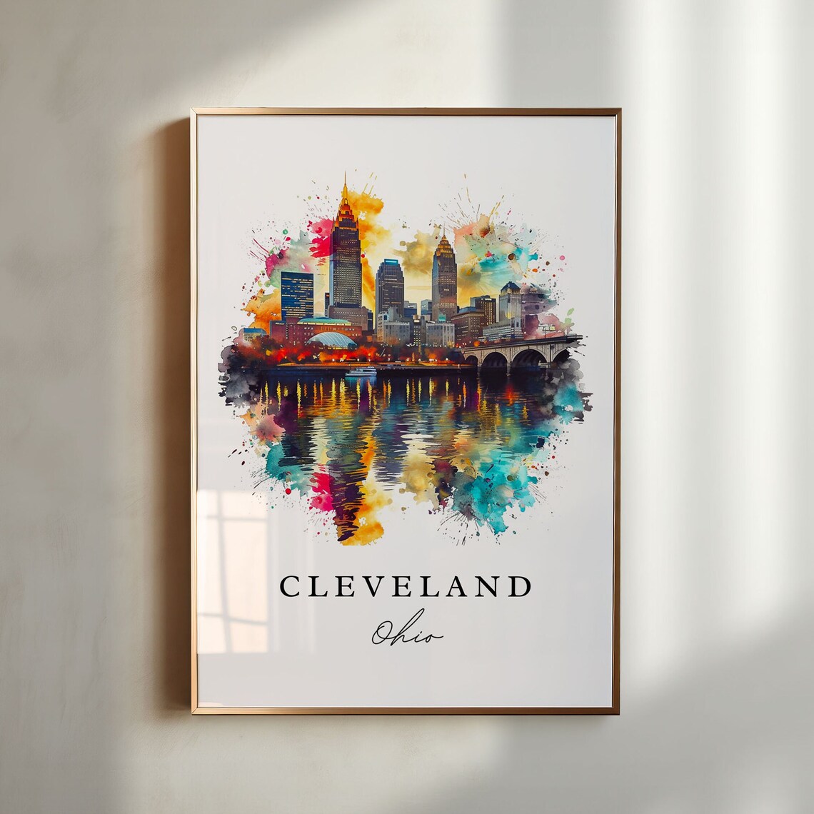 Cleveland Ohio Night Skyline Reflection Watercolor Travel Poster