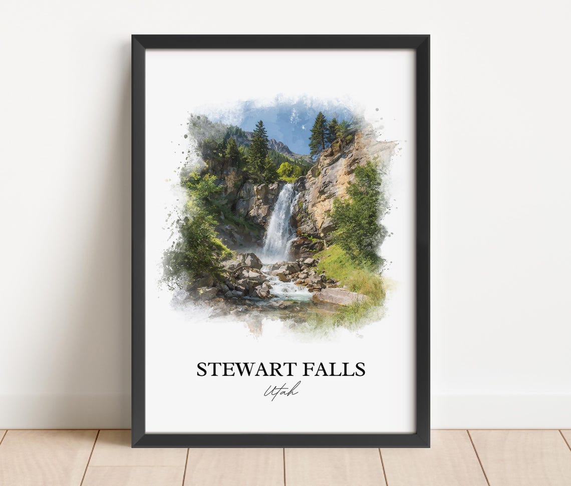 Stewart Falls Utah Watercolor Waterfall Cliffs Pine Trees Poster - Image 2
