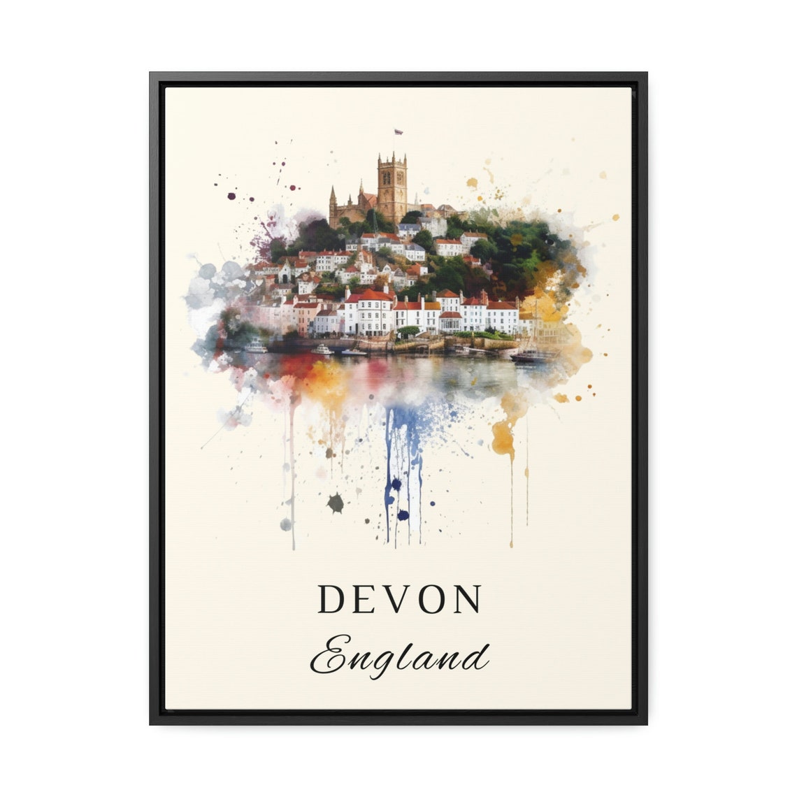 Devon England Watercolor Hillside Town Harbor View Travel Poster - Image 2