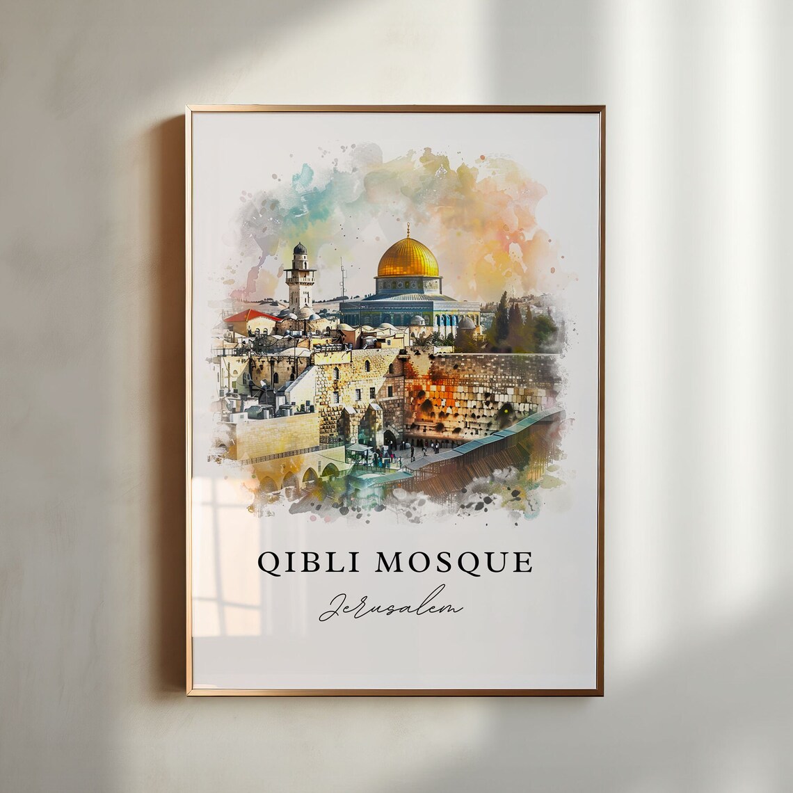 Qibli Mosque Jerusalem Watercolor Art Golden Dome Old City Poster