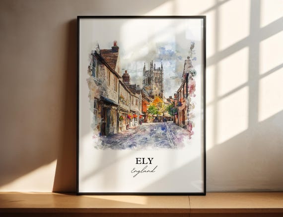 Ely England Watercolor Travel Poster, East Cambridgeshire