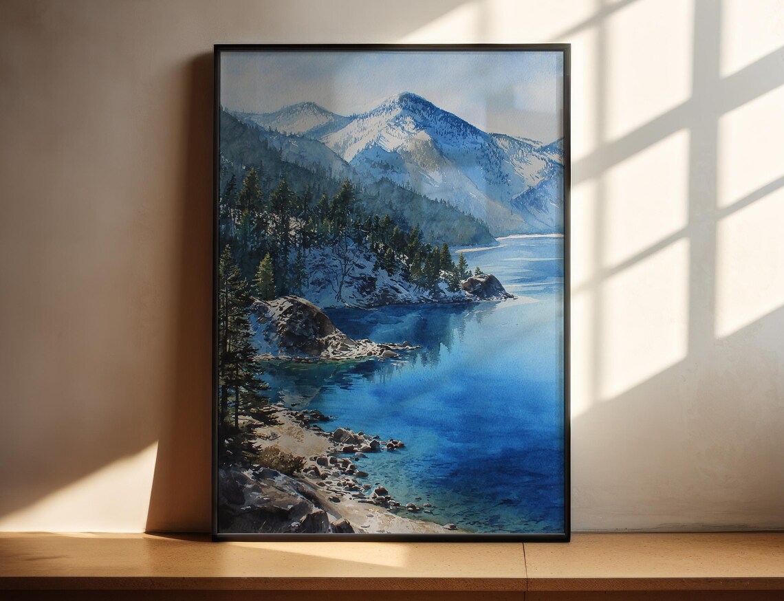 Mountain Lake Watercolor Poster Pine Trees Snowy Peaks Serene Blue Artwork