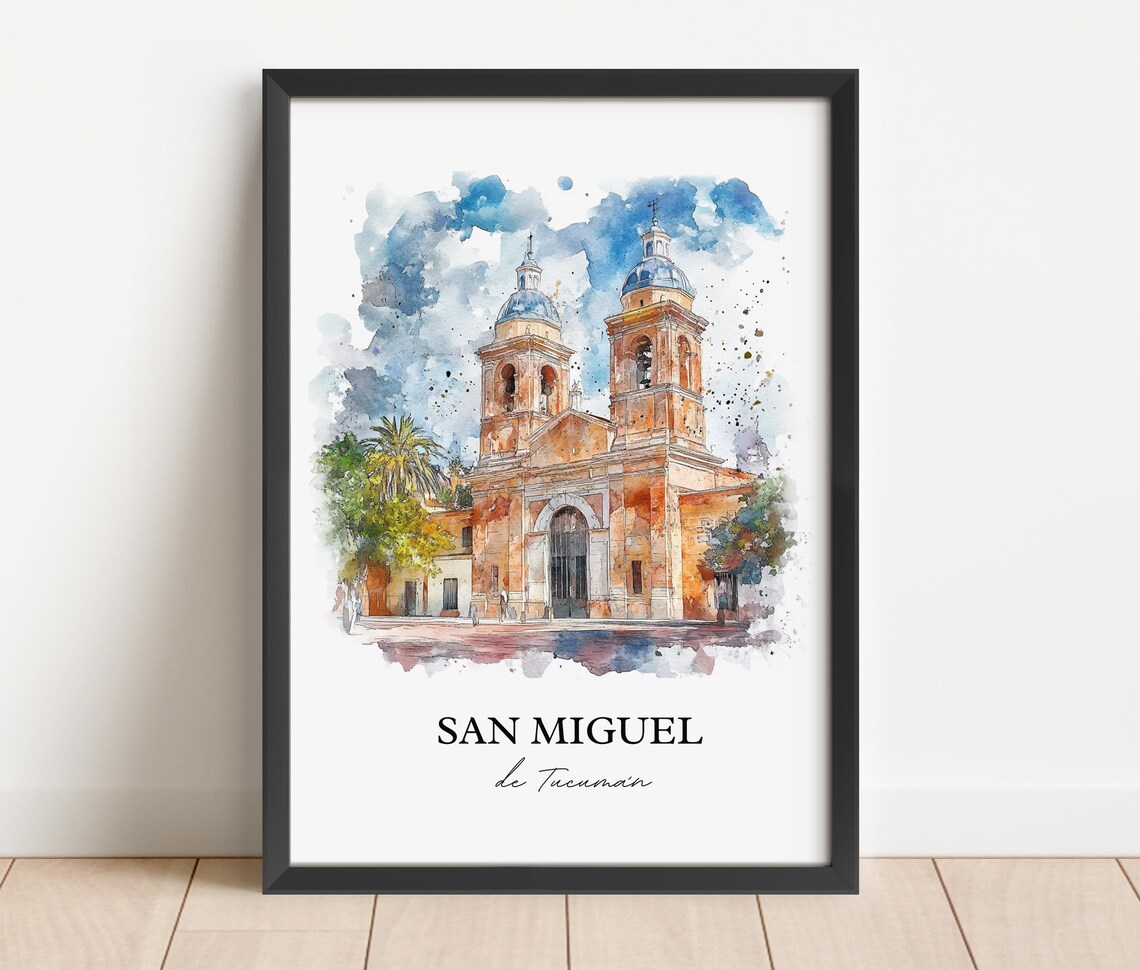 San Miguel de Tucuman Watercolor Church Domed Towers Scene Poster - Image 3