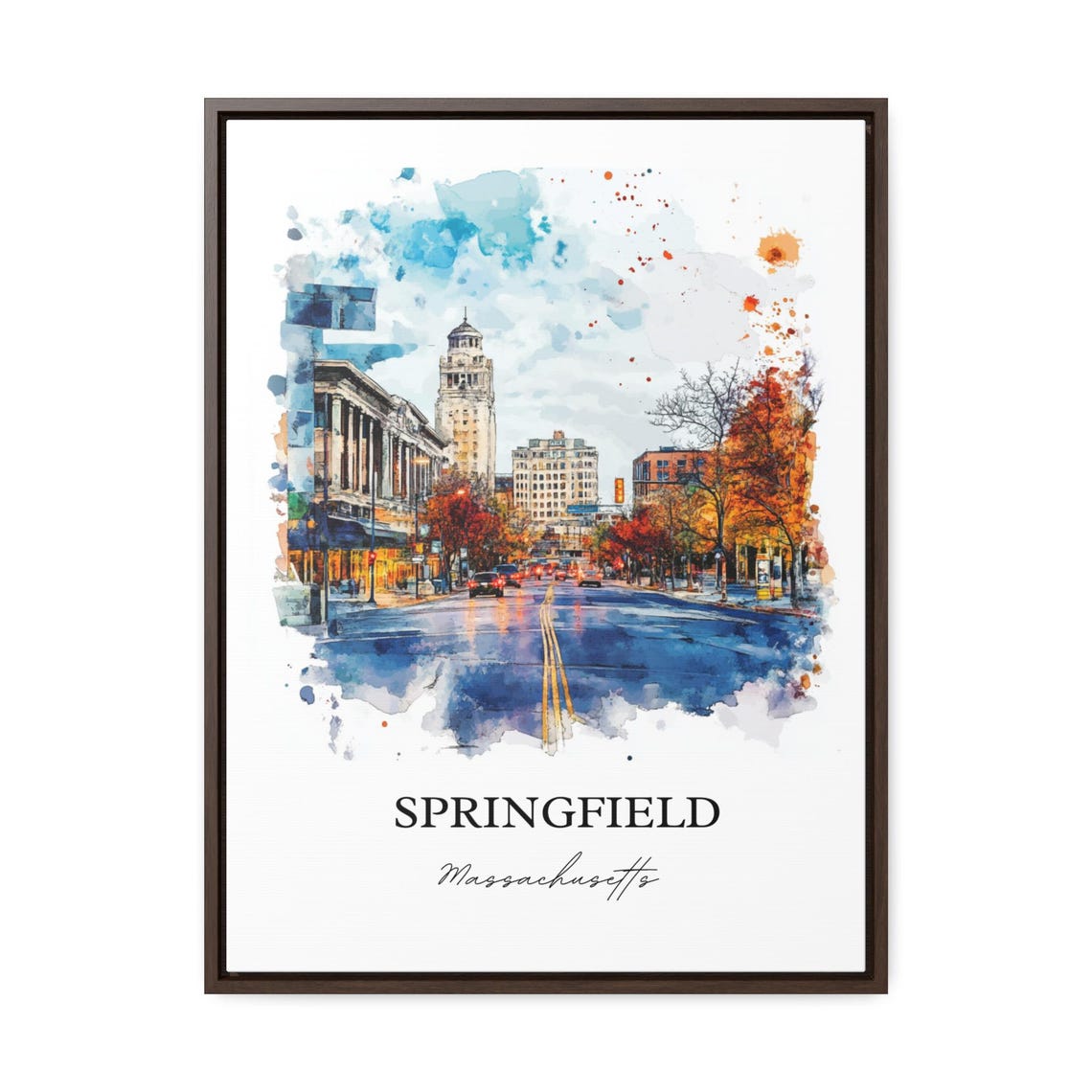 Springfield Massachusetts Watercolor Downtown Fall Scene Art Poster - Image 2