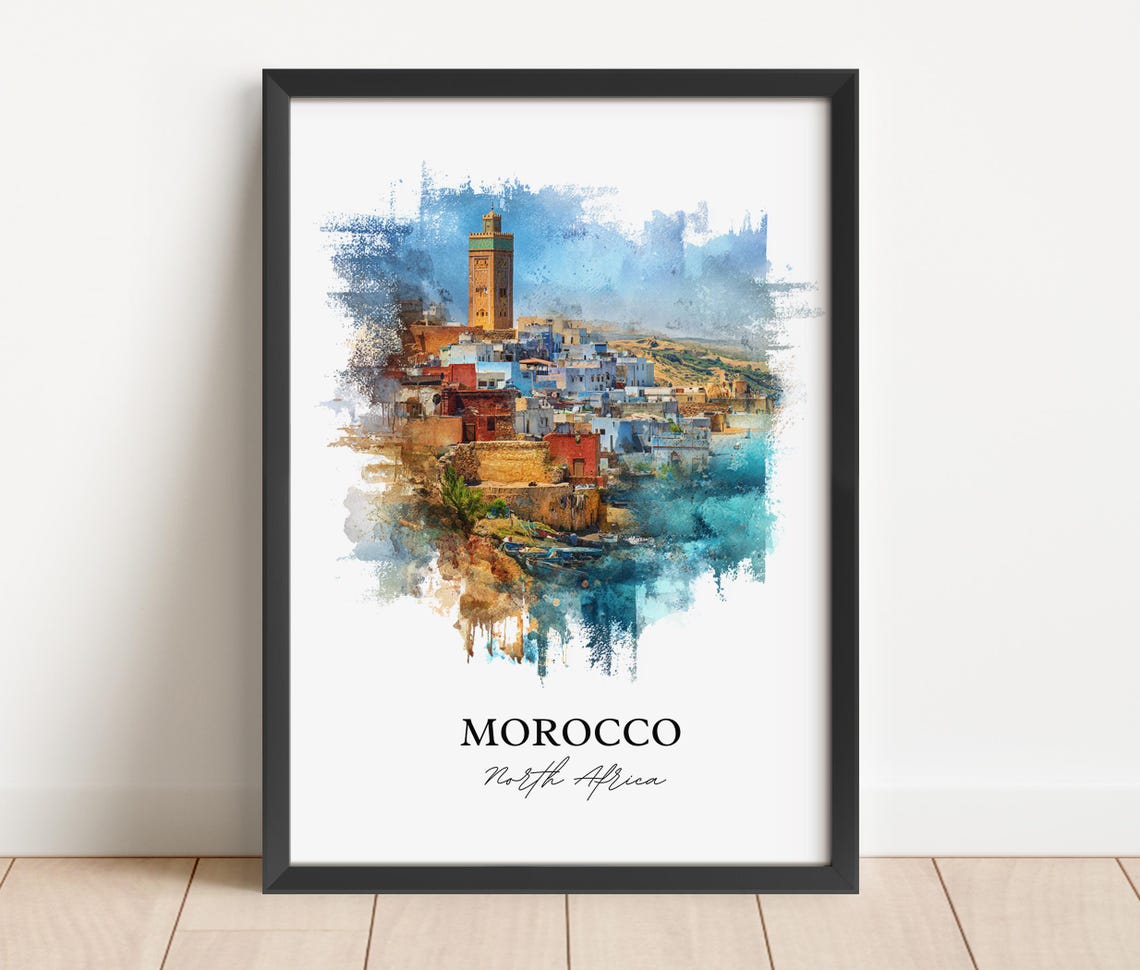Morocco North Africa Ancient Minaret Old Town Watercolor Poster - Image 2
